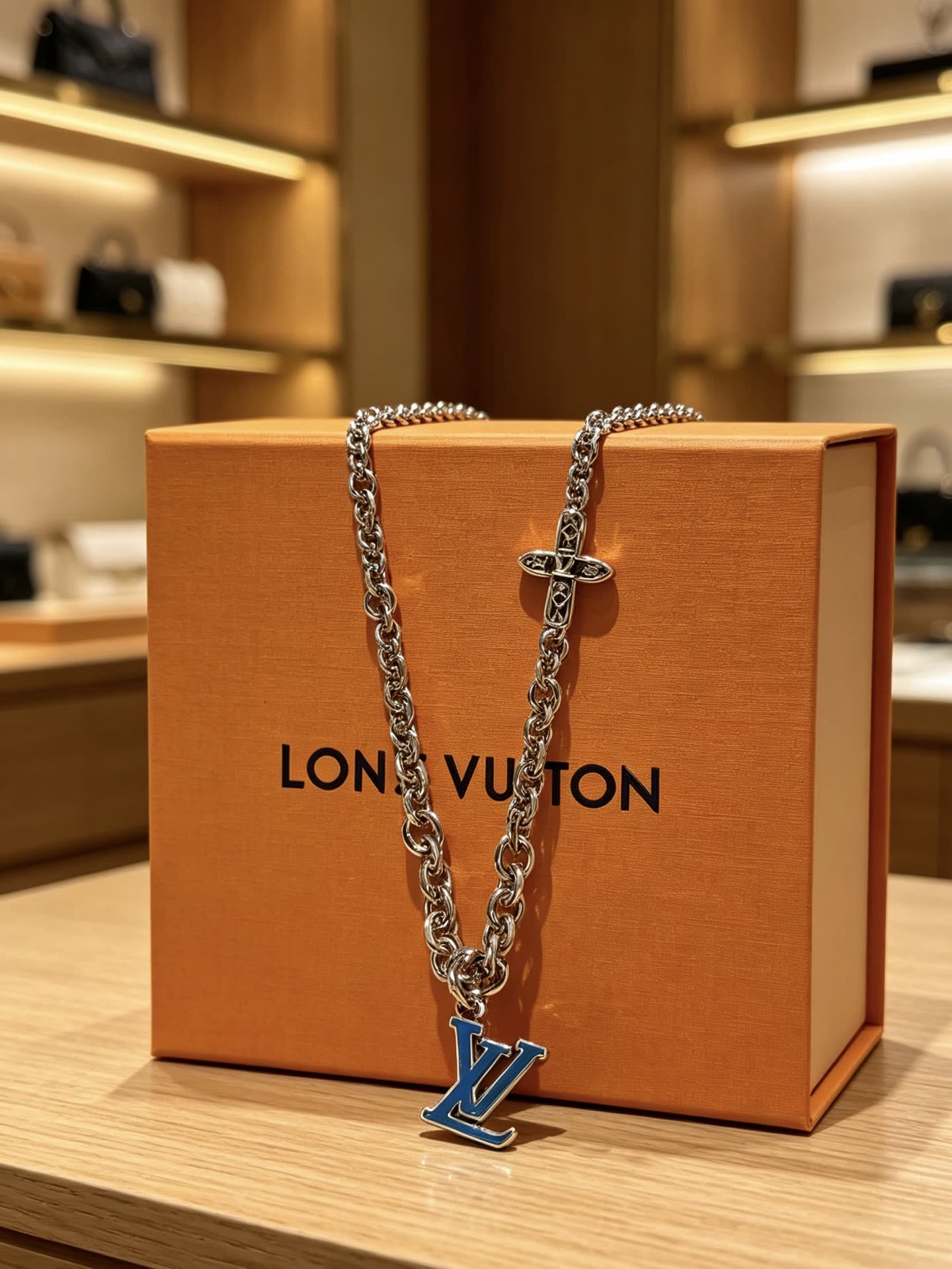 Louis Vuitton Silver Chain Necklace with LV Logo